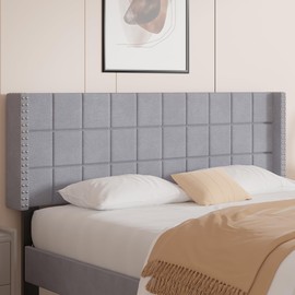 VECELO Queen Size Headboard, Linen Upholstered Headboards with Nailhead Trim Wingback, Square Stitched Design, Adjustable Height from 40" to 49.8", Light Grey