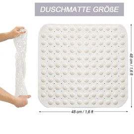 Non-Slip Shower Mat, 48 x 48 cm, Shower Mat, PVC Shower Mat, Non Slip, Square Shower Mat, Machine Washable with Suction Cup, for Bathtub and Wet Areas, White