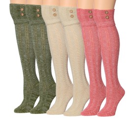 Tipi Toe Women's 3-Pairs Light Colored Rustic Tones Natural Hues Fashion With Buttons Comfortable Winter Warm Knee High Cotton-Blend Boot Socks, KH01-D-T1