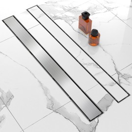 48-Inch Linear Shower Drain with Tile Insert Grate, SUS 304 Stainless Steel Linear Drain, Brushed Nickel Long Rectangle Shower Floor Drain with Leveling Feet, Hair Strainer, Fits Bathroom