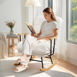 VECELO Wide Rocking Chair Nursery, Oversized Upholstered Glider with High Backrest and Padded Cushion, Teddy Fabric, Beige