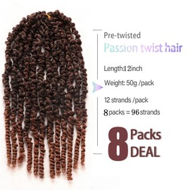 8Packs Spring Twist Hair Passion Twist Hair 12Inch Crochet Braids Hair Extensions Passion Twist Crochet Hair Extensions for Black Women(12 Inch (Pack of 8), 1B/30)