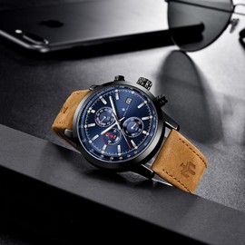 AKNIGHT Men's Wristwatch, Stylish, Popular, Quartz, Natural Leather Strap, Chronograph, Crystal, Easy to Read Luminous Analog Wristwatch, Waterproof, Date for Men, Black/Blue
