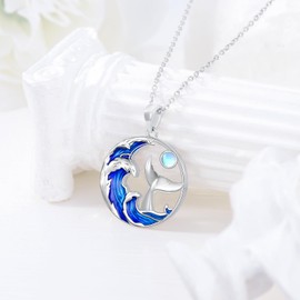 PELOVNY Wave Moonstone Necklace 925 Sterling Silver Whale Tail Necklace Ocean Wave Pendant Jewelry Gifts for Women