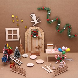 Christmas Dollhouse Decoration Miniature Natural Wooden Gnome Door Complete Set Accessories Garden Theme Christmas Tree Christmas Garland Small Elf Ghost Christmas Party Decoration Christmas