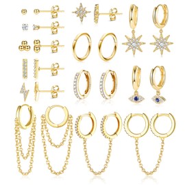 IRONBOX Earrings Set with 14K Gold Plated Huggie Hoop Studs (12Pairs) for Women Small Dainty Minimalist Chain Earrings Cartilage CZ Ball for Multiple Piercing