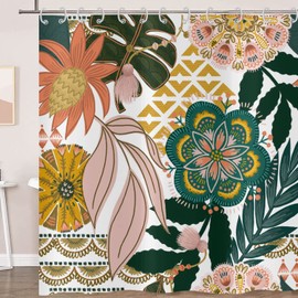 Hnmdmyi Shower Curtain Boho Flowers 180 x 200 cm, Abstract Bohemian Flowers Tropical Leaves Colourful Bath Curtain Mid Century Modern Aesthetic Art Waterproof Polyester Fabric Washable Bath Curtain