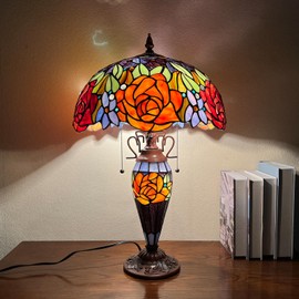 Capulina Tiffany Table Lamp Mother-Daughter Vase 3-Light 16x16x24 Inches Red Yellow Rose Style Stained Glass Desk Light for Bedrooms Living Room Study Home Office