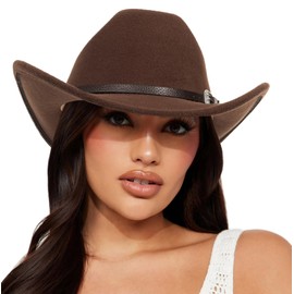 Classic Felt-Western-Cowboy-Cowgirl-Hats for Women-Men Fedora-Jazz-Hat with Belt(Lagre) Coffee