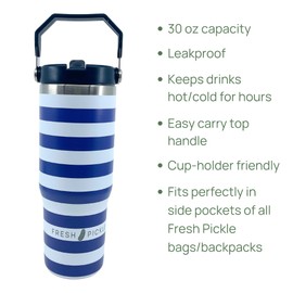 Fresh Pickle TUMBLER BLUE STRIPE 30 OZ Tumbler With Top Handle and Flip Straw,Insulated Water Bottle for Tennis, Pickleball, camping, No Sweat, Insulated, Pickleball gift, tennis gift