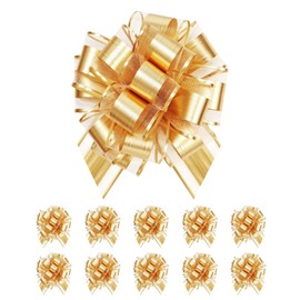 10 PCS Large Pull Bows, Bows for Gift Wrapping, Basket Gift Pull Bows Gift Knot Ribbon Present Wrapping Décor Bows for Birthday Wedding Christmas New Year Party Ornament(Gold)
