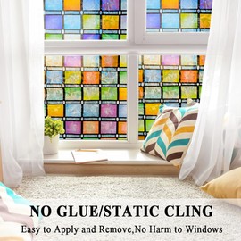 Colorful Privacy Window Film, Decorative Square Glass Door Films Static Cling Window Tint Cling Stickers Decal Covering,Removable Heat Cotrol Anti UV for Home and Office,35x78.7 in.