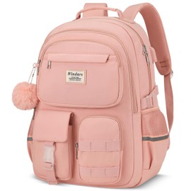 WINDARS School Backpack for Teen Girls, Cute Laptop Backpack for Women Students, Middle High School Bags Aesthetic Bookbag for College Travel Fit 15.6 Inch Laptop (Pink)