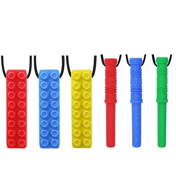 Chew Necklace by GNAWRISHING 6-Pieces Perfect for Autistic, ADHD, SPD, Oral Motor Children, Kids, Boys, and Girls (Tough, Long-Lasting)