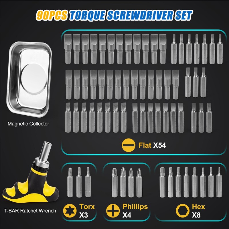 YIYEIE 90Pcs Master Torque Screwdriver Set, 10-70 IN.LB, Inch Pound