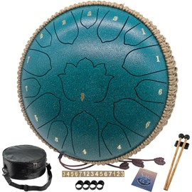 BETESINE 13 Inch 15 Note Steel Tongue Drum – C Major Handpan & Rain Drum for Yoga, Meditation & Stress Relief – Includes Mallets, Music Book & Carrying Bag (Malachite Green)