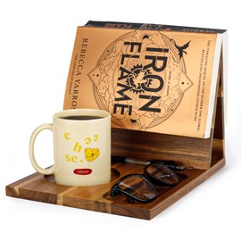 3HQ Wooden Book Stand for Reading Rest, Acacia Triangle Book Holder with Cup, Glasses, Pen & Phone Holder, Book Nook Reading Valet for Book Lover Gifts