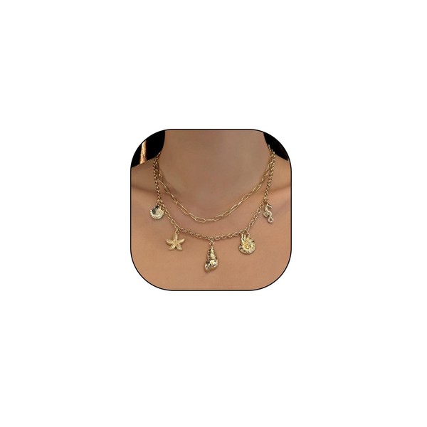 RTY 14k Gold Plated Seashell Starfish Conch Clamshell Pendant Necklace