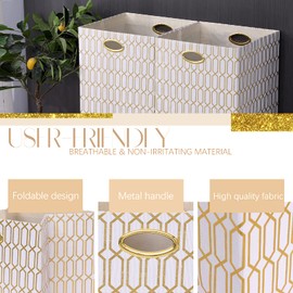 13×13×13 Storage Cube Bins, 13 Inch Foldable Fabric Storage Cubes with Metal Handles, Collapsible Organizer Basket Box for Closet Shelf Cabinet Bookshelf, 4 Pack, White and Gold Geometric Pattern