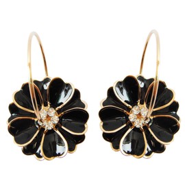 Navachi 18k Gold Plated Black Enamel Flower Crystal Az2591e Hoop Earrings(dia. 3cm)