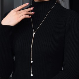 Chargances Rhinestone Long Pendant Necklace for Women Pearl Statement Sweater Necklace Gold Plated Crystal Pearl Necklace Fashion Jewelry Women Gifts (Gold)