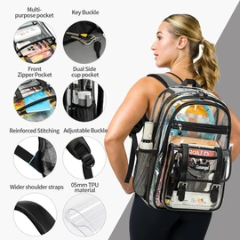 Cusangel Clear Black Backpack for women tpu XL bookbag Heavy Duty See Through H18''xW12''xD8 Plastic Big Transparent Bookbag for Sport Event,School,Stadium Events & Work Backpacks