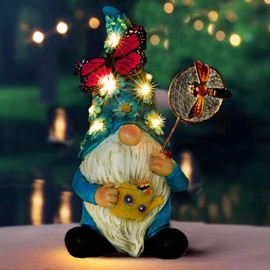 Foreby Garden Gnome Statues Outdoor Decor Solar Gnomes with Butterfly on LED Lighted Flowers, Resin Blue Gnomes Sculpture for Patio Yard Lawn Onament Decoration