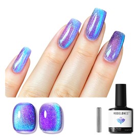 modelones 9D Magnetic Cat Eye Gel Nail Polish, 15 ML Glitter Holographic Glass Rainbow Gel Polish Blue Purple Shimmer Reflective Translucent Soak Off U V LED Summer Nails for Women Girl