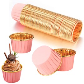 Muffin Cases Paper, Cupcake Moulds Paper, Non-Stick Disposable Baking Cups for Muffin Mould, Cupcake, Pack of 50, Pink Gold