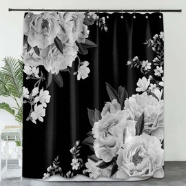 Sonbraux Black and White Shower Curtains for Bathroom Floral Grey Flower Dark Wet Room Shower Curtain, Washable, Waterproof, Cloth Fabric, 180 x 240 cm