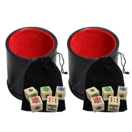 Black PU Leather Red Felt Lined Dice Cup with Ivory Tone Poker Dice in Storage Pouch Set (2 Sets)