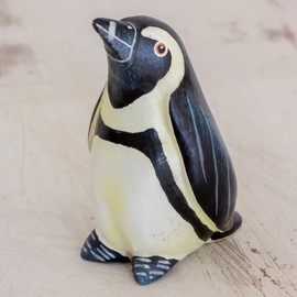 NOVICA Artisan Handmade Ceramic Figurine Sculpted Painted African Penguin Yellow Black White Guatemala Sculpture Bird [2.8in H x 1.8in W x 2in D] ' African Penguin'