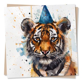 Adorable Tiger Happy Birthday Card - Tiger Wearing A Party Hat - Birthday Celebrations Card For Animal Lover, Friends, Family