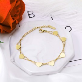 Kim Johanson Women's Stainless Steel Heart Anklet in Silver, Gold and Rose Gold | Anklet with 7 Hearts | Boho Jewellery | Adjustable with Jewellery Bag, Stainless Steel