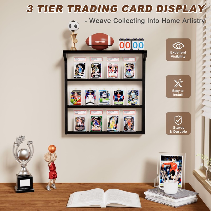 Emfogo Trading Card Display Stand for Wall, 3 Tier Wooden