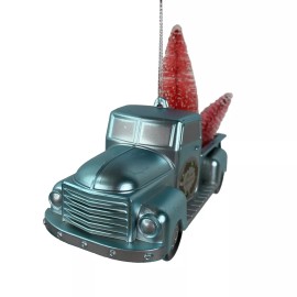 Christmas Ornament Blue Truck Hauling Trees Plastic Merry Christmas Wreath Logo