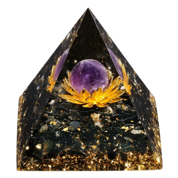 KYEYGWO Amethyst Positive Energy Pyramid Gemstone with Lotus Flower, Reiki