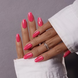 KQueenest Chrome Press On Nails - Hot Pink Nails for Sticking, Short Medium, Sparkle Glitter Fake Nails, Artificial Fingernails for Sticking, Almond, Glazed Round Acrylic Nails for Women, Pack of 24