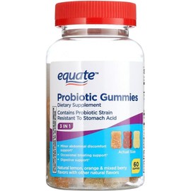 Equate Gomitas Probióticas de Suplemento Dietetico Diario 3 en 1, 60 Gomitas Sabores Naturales de Frutas.
