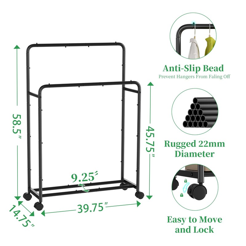 Simple Trending Clothing Clothes Rack Double Rods with Wheels, Rolling
