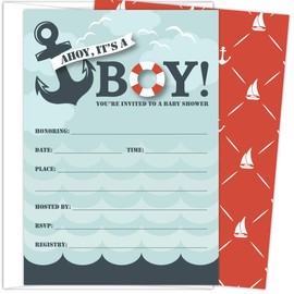 Koko Paper Co It's a Boy Nautical Baby Shower Invitations | 25 Fill-in Invitations and Envelopes | Printed on Heavy Card Stock.