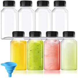 Qyyiguf 8 Pcs 8 Oz Empty Plastic Juice Bottles with Caps,Reusable Clear Bulk Beverage Containers with Tamper Evident Lids for Smoothie,Drinking,Liquor,DIY,Wedding,Party,Travel(Black Cap)