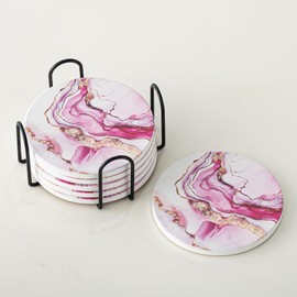 Kedested Ceramic Drink Coasters Set of 6 with Holder, Modern Marble Absorbent Ceramic Coasters, Round Ceramic Table Coasters for Home Decor Coffee Kitchen (4 Inches), Pink