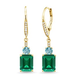 Gem Stone King 18K Yellow Gold Plated Silver Green Nano Emerald and Blue Zircon Dangle Earrings For Women (5.00 Cttw, Gemstone May Birthstone, Emerald Cut 9X7MM)
