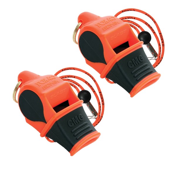 Fox 40 Sonik Blast Cushion Mouth Group Sports and Safety Loud Whistle with Lanyard, Orange & Black (2 Pack)