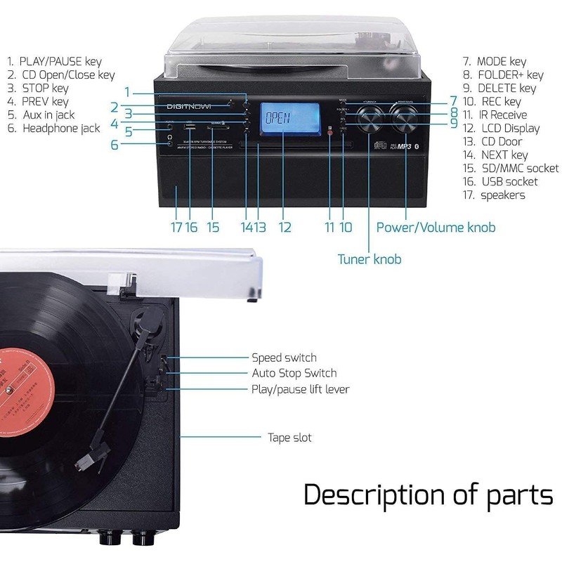 DIGITNOW Bluetooth Record Player Turntable with Stereo Speaker, LP Vinyl