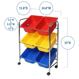 Seville Classics Rolling Utility Organizer Storage Cart, for Home Office, School, Classroom, Scrapbook, Hobby, Craft, 6-Bin, Multicolor