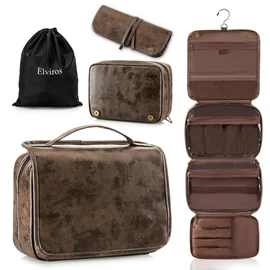 Elviros Toiletry Bag Hanging Travel Organizer for Men and Women, 3 in 1 Multifunctional Large Makeup Cosmetic Case for Toiletries Accessories, Water-resistant PU Leather Bathroom Dopp Kit Shaving Bag, Coffee