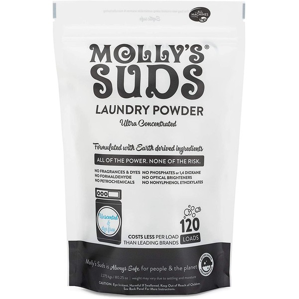 Molly's Suds Unscented Laundry Detergent Powder | Natural Laundry Detergent for Sensitive Skin | Earth-Derived Ingredients, Stain Fighting | 120 Load