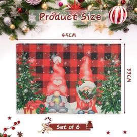 Christmas Placemats Set of 6, Xmas Table Place Mats, 30x45cm Winter Holiday Placemat, Linen Heat Resistant Tablemats for Home Party Kitchen Dining Decor (Red Buffalo Plaid Gnome)